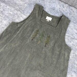 Christopher Banks Womens L Dark Green Dress Stretch Embroidery Trees Cottagecore